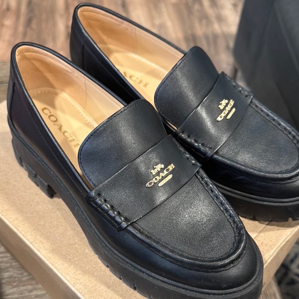 Coach Black Leather Penny Loafers with Gold Logo